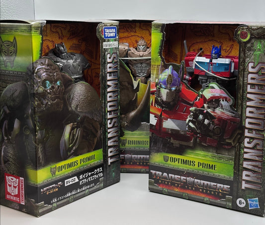 Transformers Rise of the Beasts Mainline Voyager collection with Japanese import Optimus Primal, USA Hasbro Optimus Prime and Rhinox